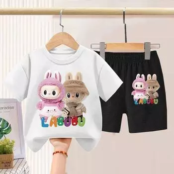 Детский повседневный комплект с короткими рукавами Labubu для мальчиков и девочек, комплект футболок 90