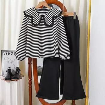 Детский повседневный костюм для девочек 3-12 лет, одежда на весну и осень, свитер с длинными рукавами и полосатыми лацканами + широкие брюки, детский костюм из двух предметов 130cm/8Y чёрный