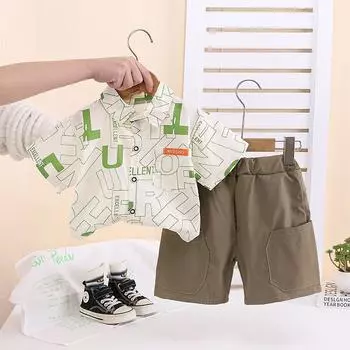 Детский повседневный костюм для мальчиков и малышей в корейском стиле, рубашка с короткими рукавами, тонкий универсальный комплект из двух предметов S зелёный