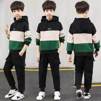 Детский повседневный костюм для мальчиков на осень и зиму, свитер с капюшоном + брюки, комплект из 2 предметов 160 зелёный