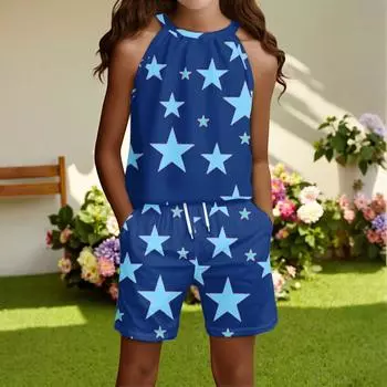 Детский повседневный модный комплект: топ без рукавов с круглым вырезом и шорты 110