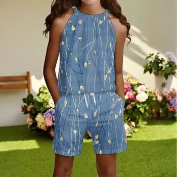 Детский повседневный модный комплект: топ без рукавов с круглым вырезом и шорты 110