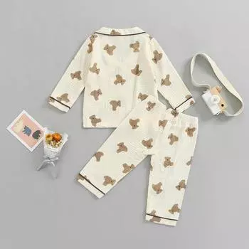 Детский повседневный пижамный костюм унисекс, топы с отворотами и длинными рукавами с медвежьим принтом + длинные брюки с принтом 1-2 Years абрикосовый