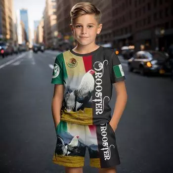 Детский повседневный топ из двух предметов с короткими рукавами и шортами с 3D принтом «Мексиканский петух» для мальчиков и девочек 4–14 лет, детский костюм S