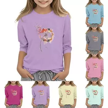 Детский повседневный топ с круглым вырезом и рукавом 3/4 и цветочным принтом 110