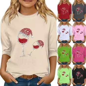 Детский повседневный топ с круглым вырезом и рукавами семь штук с рождественским принтом 160