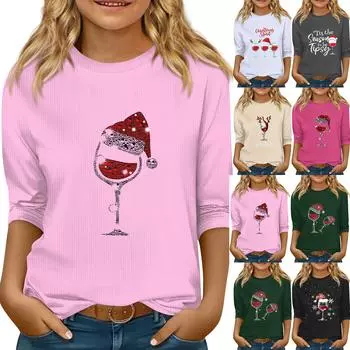 Детский повседневный топ с круглым вырезом и рукавами семь штук с рождественским принтом 110 чёрный