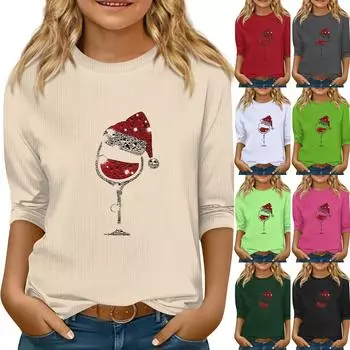 Детский повседневный топ с круглым вырезом и рукавами семь штук с рождественским принтом 140