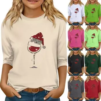 Детский повседневный топ с круглым вырезом и рукавами семь штук с рождественским принтом 150 бежевый