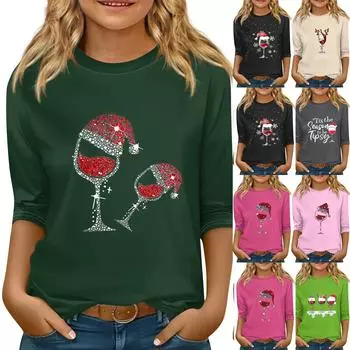 Детский повседневный топ с круглым вырезом и рукавами семь штук с рождественским принтом 160 чёрный