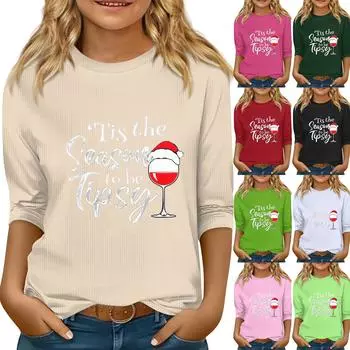 Детский повседневный топ с круглым вырезом и рукавами семь штук с рождественским принтом 110 красный