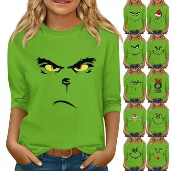 Детский повседневный топ с круглым вырезом и рукавами семь штук с рождественским принтом 130