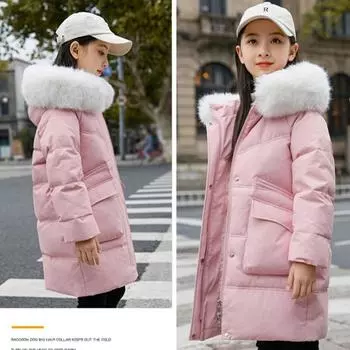 Детский пуховик для девочек, новая модная утолщенная куртка средней длины в корейском стиле на белом утином пуху 120 фиолетовый