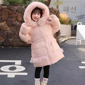 Детский пуховик для девочек, средней длины, корейский стиль, белый утиный пух, модное утолщенное пальто 100cm розовый