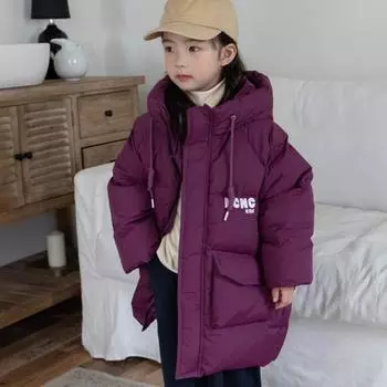 Детский пуховик осенне-зимний утолщенный пуховик-карго средней длины белого цвета на утином пуху 110cm чёрный