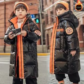 Детский пуховик средней длины на флисовой подкладке, теплое блестящее хлопковое пальто среднего и большого размера для детей 130cm зелёный