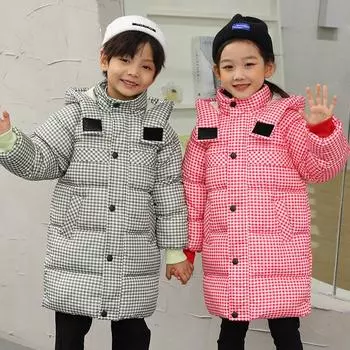 Детский пуховик средней длины, повседневное толстое стеганое пальто с узором «гусиные лапки»