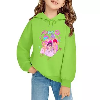 Детский пуловер с длинным рукавом, свободного кроя, с принтом букв, капюшоном на шнурке 120