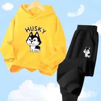 Детский пуловер с длинными рукавами, милые толстовки с принтом собаки-мопса, спортивная одежда, топ и повседневные брюки с эластичной резинкой на талии, осенне-зимний комплект из двух предметов 100