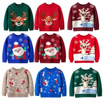 Детский пуловер с круглым вырезом, детский свитер с рождественским принтом, вязаный топ 110