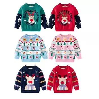 Детский пуловер с круглым вырезом для детей от 2 до 9 лет, детский рождественский свитер с мультяшным рисунком, трикотаж 100