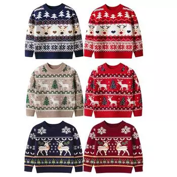 Детский пуловер с круглым вырезом для детей 1-6 лет, свитер с рисунком лося/сосны/снежинки, детская рождественская одежда, трикотаж 120