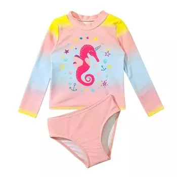 Детский рашгард для девочек, комплект из двух предметов, купальник с градиентом цвета, комплект с длинными рукавами, милый мультяшный принт, купальные костюмы, повседневные плавки бикини, купальники, От 1 до 6 лет 110