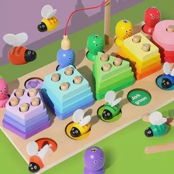 Детский развивающий набор игрушек: Форма, соответствие цвета, строительные блоки, рыбалка и нарезка фруктов.