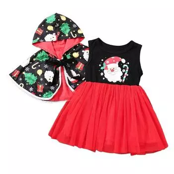 Детский рождественский костюм для девочек, плащ с рождественским принтом и сетчатое платье без рукавов 110