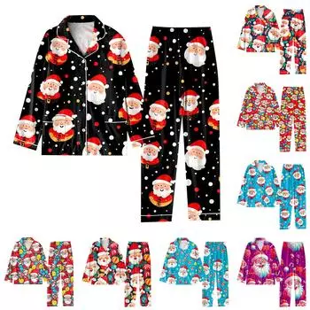Детский рождественский костюм из 2 предметов с принтом, топ с длинными рукавами и застежкой на пуговицы, широкие брюки, комплект пижамы, домашний повседневный костюм 10