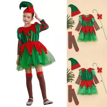 Детский рождественский костюм Санта-Клауса для ролевых игр, зеленый эльф, косплей, карнавал, фестиваль, вечеринка, новогодний маскарадный костюм, одежда, 3 шт./компл. 12-18Months зелёный/красный