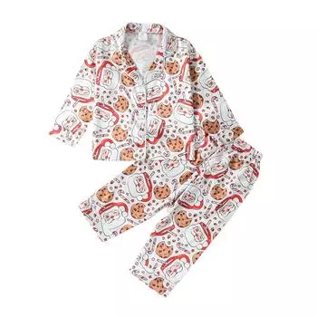 Детский рождественский пижамный комплект, топы с длинными рукавами и принтом печенья Санта-Клауса и брюки для сна 2-3 Years бежевый