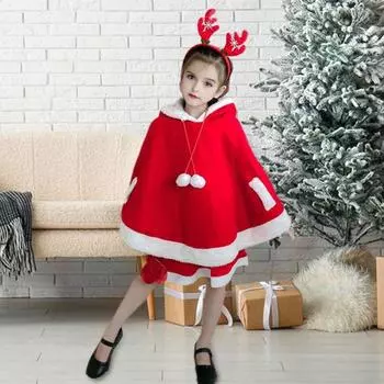 Детский рождественский плащ с капюшоном, затягивающийся на шнурок, плюшевый, с рисунком в виде мяча, соответствующий цвету, с капюшоном, с рисунком рогов оленя, толстый, сохраняющий тепло, унисекс, представление, Новый год 90 cm 1