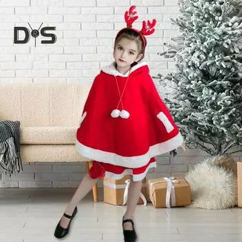 Детский рождественский плащ с капюшоном, затягивающийся на шнурок, плюшевый, с рисунком в виде мяча, соответствующий цвету, с капюшоном, с рисунком рогов оленя, толстый, сохраняющий тепло, унисекс, для выступлений, для новогодней вечеринки 90 cm 1