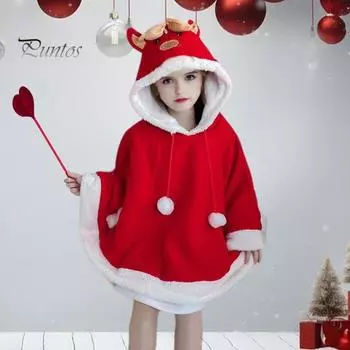 Детский рождественский плащ с капюшоном, затягивающийся на шнурок, плюшевый, с рисунком в виде мяча, соответствующий цвету, с капюшоном, с рисунком рогов оленя, толстый, сохраняющий тепло, унисекс, для выступлений, для новогодней вечеринки 90 cm 1