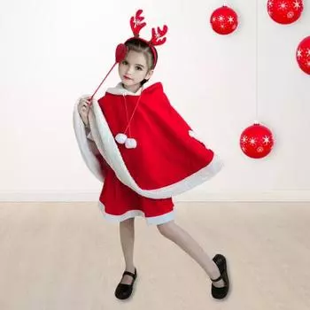 Детский рождественский плащ с капюшоном, затягивающийся шнурком, плюшевый шарик, декорированный в цвет, с капюшоном и рисунком рогов оленя, толстый, сохраняющий тепло 90cm