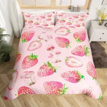 Детский розовый пододеяльник с клубникой King Queen Mushroom комплект постельного белья для девочек, кавайный пододеяльник с фруктами, акварельный пододеяльник EU Single(135x200cm)