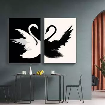 Детский сад, современный скандинавский черно-белый лебедь, картина маслом с животными, постер, настенное искусство, украшение для гостиной, дома 21cm30cm NoFrame