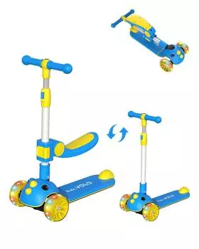 Детский самокат RideVOLO Kickboard 2way Трехколесный велосипед с 3 уровнями регулировки высоты, светящиеся светодиодные шины, складное сиденье, регулируемая высота, изменение направления движения жёлтый
