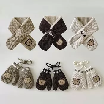 Детский шарф и перчатки, комплект, милый плюшевый шарф с медведем, зимние теплые утолщенные перчатки с веревкой, модные детские аксессуары 1-5 лет зелёный