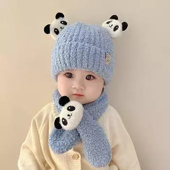 Детский шарф, комплект шапок, комплект из двух предметов, осенне-зимняя вязаная шапка с милой пандой, ветронепроницаемый и теплый шарф и шапка, защищающая от холода. бежевый