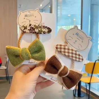 Детский шерстяной шнур для волос с бабочкой и завязками в клетку в горошек, маленькая цветочная заколка BB, винтажные аксессуары для волос для маленьких девочек