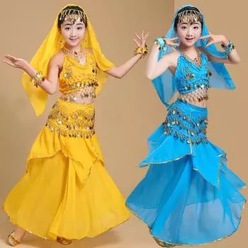 Детский шифоновый топ с пайетками для девочек + платье + поясная цепочка + головной убор, 4 шт., индийская одежда для танца живота S красный