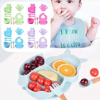 Детский силиконовый нагрудник, силиконовая обеденная тарелка, набор из 6 предметов для младенцев, дополнительное питание, тренировочная присоска, набор разделителей для детей One Size зелёный