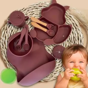 Детский силиконовый нагрудник, силиконовая обеденная тарелка, набор из 9 предметов для детского дополнительного питания, присоска, набор разделителей для детей One Size вино красного