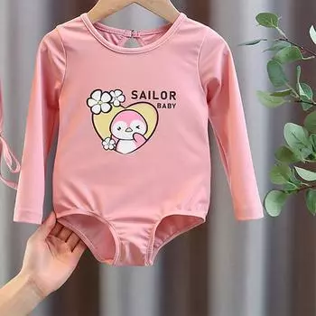 Детский слитный купальник - С длинным рукавом, Солнцезащитный, Милый дизайн для девочек (Small / Medium) - Коллекция Лето 2025 Size 130 (Height ~120cm)