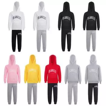 Детский спортивный костюм с буквенным принтом для мальчиков и девочек, спортивный костюм, пуловер с длинными рукавами, толстовка с капюшоном и штаны, комплект из двух предметов 3-4 Years чёрный/белый