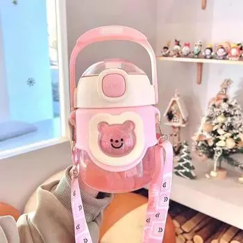 Детский стакан Kawaii Bear объемом 800 мл для воды для девочек, портативный спортивный чайник для питья, мультяшная кружка для путешествий с соломенной крышкой, новая симпатичная пластиковая кружка 800ml