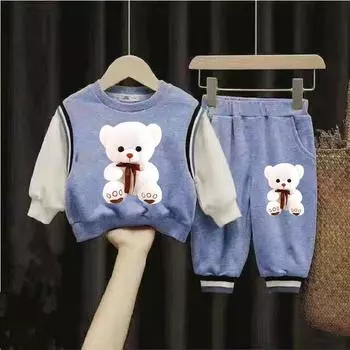 Детский супер милый детский костюм из двух частей на весну и осень, детский модный спортивный свитер с принтом медведя + штаны 140 красный