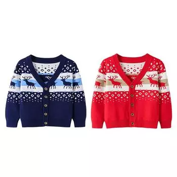 Детский свитер для детей от 2 до 7 лет, весенне-осенний кардиган на пуговицах, рождественский джемпер с v-образным вырезом и принтом оленя 100